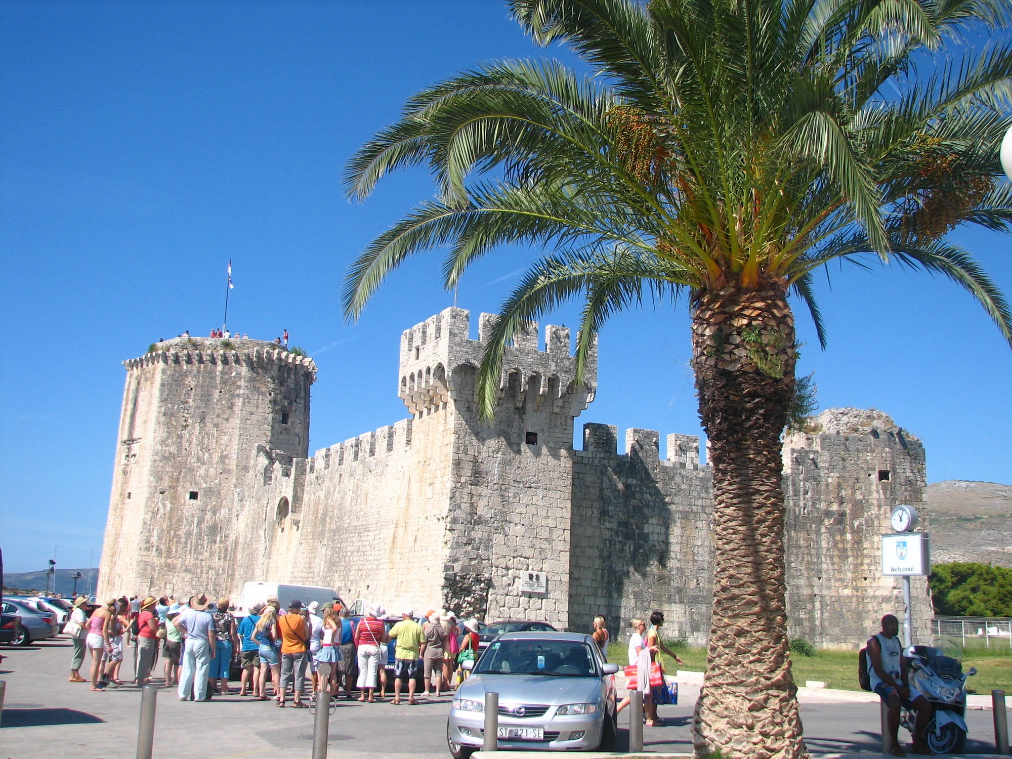 castle palmtree tourists people visit group croatia trogir palm monument summer dalmatia